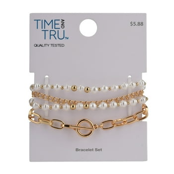 Time And Tru Women's Gold Tone 4pc Chain anf Faux Pearl Bracelet Set
