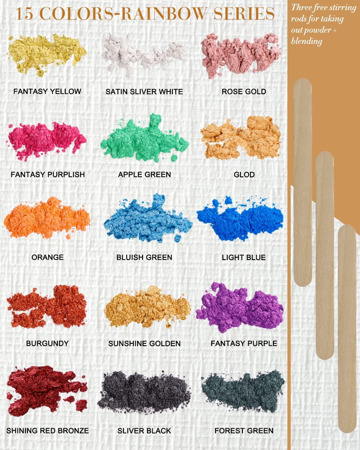 Mica Powder - 15 Colors Epoxy Resin Pigment - Shimmery Pigment Powder for Slime, Paint, Soap Making, Nail Polish, Epoxy Resin, Candle Making, Bath Bombs