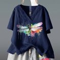 thumbnail image 2 of Pompotops Mode Femmes Imprimé Coton+lin Manches Courtes Col en V Hauts d'Été Blouse T-shirt Liquidation, 2 of 4