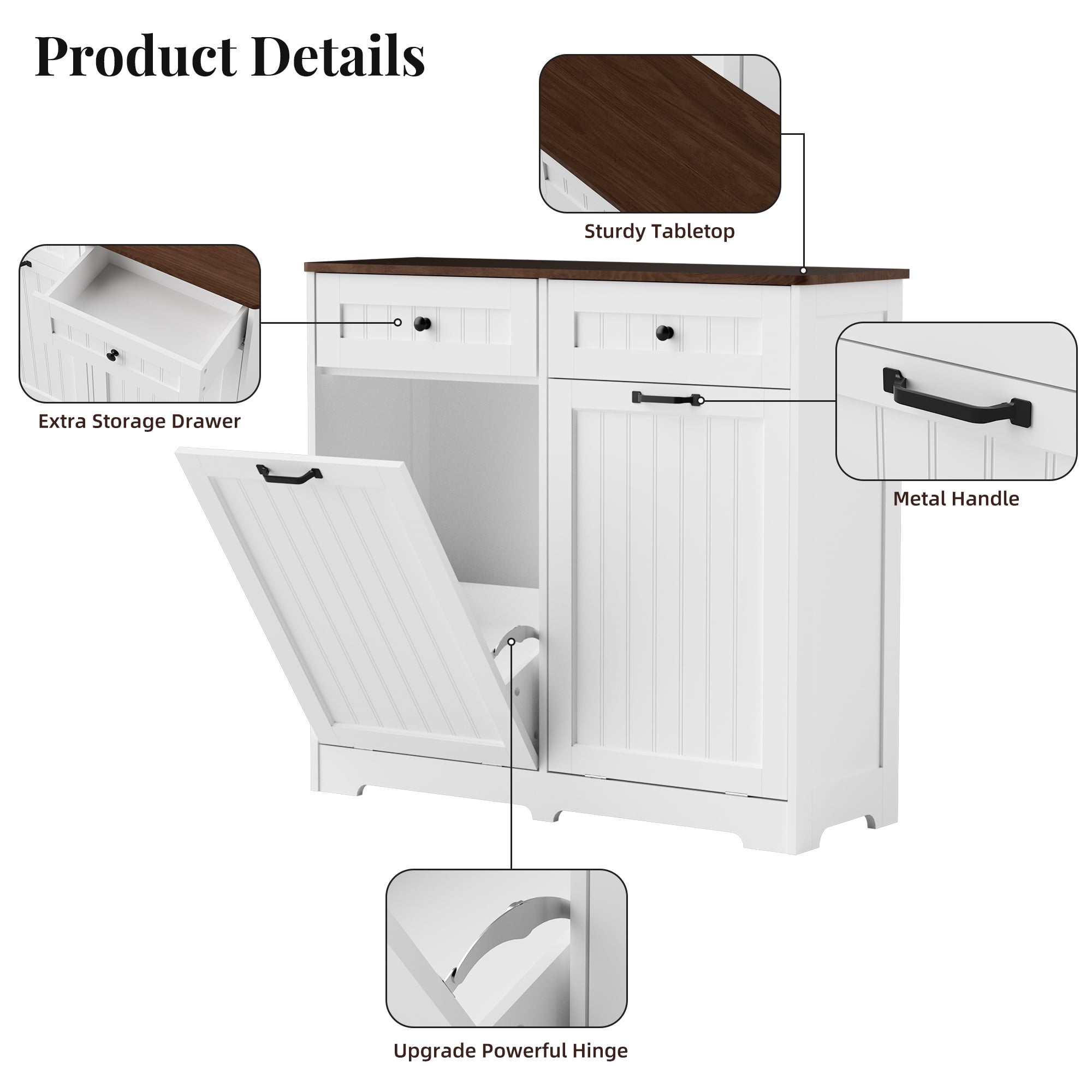 HARIPUL Double Tilt Out Trash Can Cabinet for 2 Bins, Hidden Garbage Can Cabinet with Drawers, Wooden Trash Bin Cabinet, 10 Gallon Trash Can Holder Cabinet for Kitchen, White