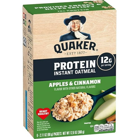 1x Quaker Protein Instant Oatmeal, Apple Cinnamon, 12g Protein per Serving, Whole Grains, No Artificial Flavors, No Added Colors, 2.11 oz Packets, (6 Pack)