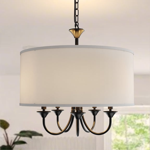 YANSUN 20 in 5-Light Black Candle Style Empire Chandelier with Fabric Shades for Home Lighting, dining rooms living rooms entryways