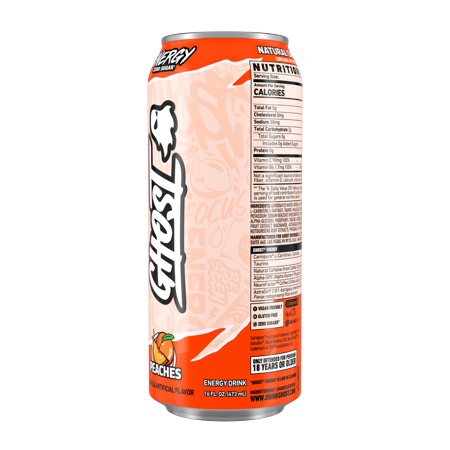GHOST® ENERGY ZERO SUGARS ENERGY DRINK, PEACHES, 200MG NATURAL CAFFEINE, 16 FL OZ CAN