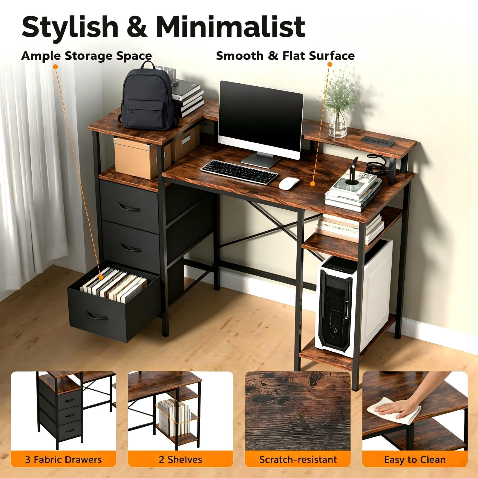 3-Drawer 4-Shelf Computer Desk with Power Strip, 47.2 x 18.8 x 34.7 in, Rotten Wood