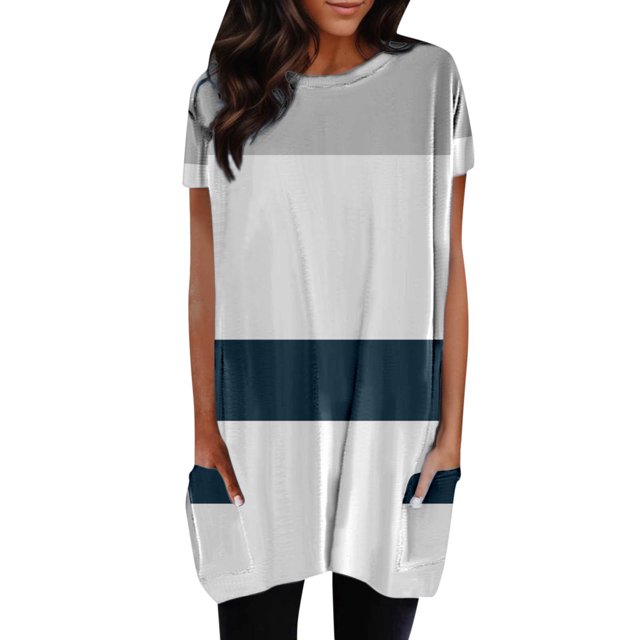 WEAIXIMIUNG T-Shirts Col en V pour Femmes Grande Taille Manches Longues Été Décontracté Col Rond Manches Courtes Poche Imprimé Géométrique Coloré Léopard Long Top