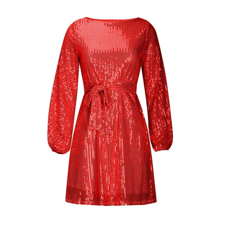 Hfyihgf Women Long Sleeve Sequins Glitter Dress Party Sparkle Loose Fit  A-Line Mini Short Dress with Belt(Red,S) - Walmart.com