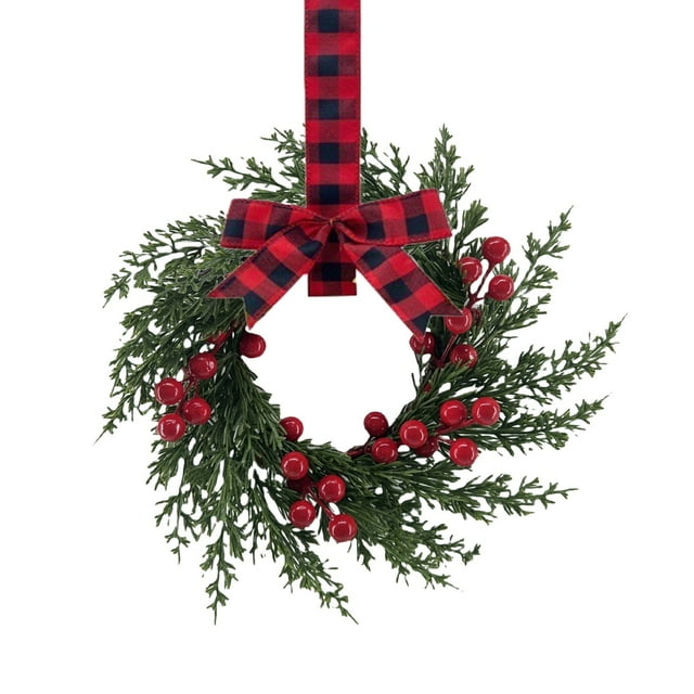 1 Pcs Small Christmas Norfolk Wreaths 10 Inch Christmas Kitchen Cabinet Mini Wreath Real Touch with Bow Ribbon Cedar Red Berry for Xmas Front Door Window Chair Fireplace Table Pillar Farmhouse Decor