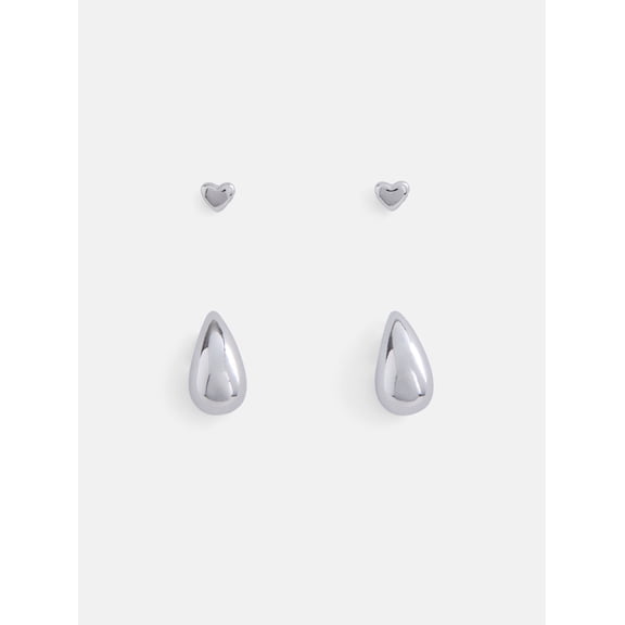 Free Assembly Women's Demi Fine Silver Plated Heart and Teardrop Flat Back Earrings Set, 2-Pairs