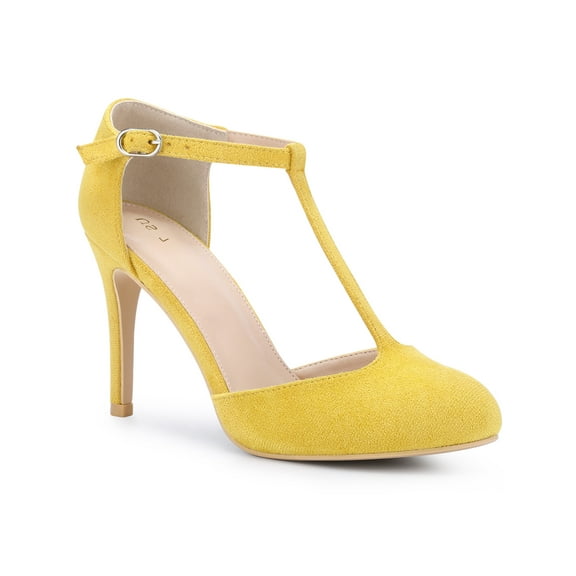 BLISSFUL STEP Women's Shoes Round Toe Stiletto Heel T-Strap Sandals Yellow 10
