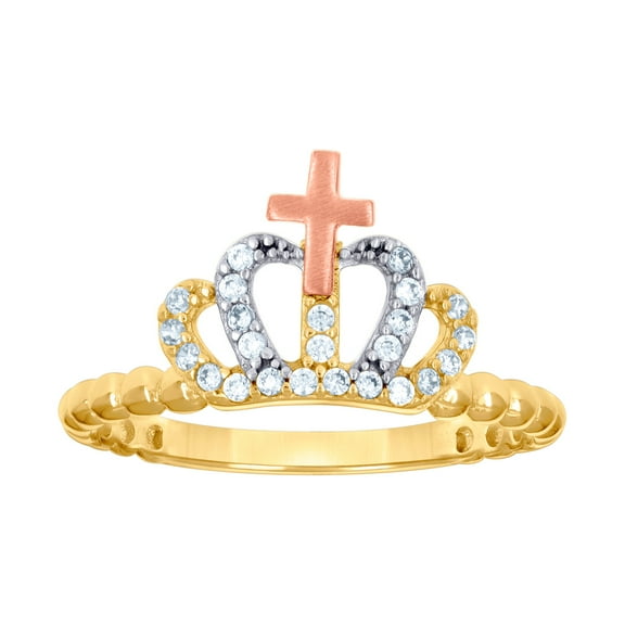 10k Tri-color Gold Womens Cubic Zirconia Religious Faith Cross Crown Fashion Ring 9.8x1.6mm Wide Ring for Women