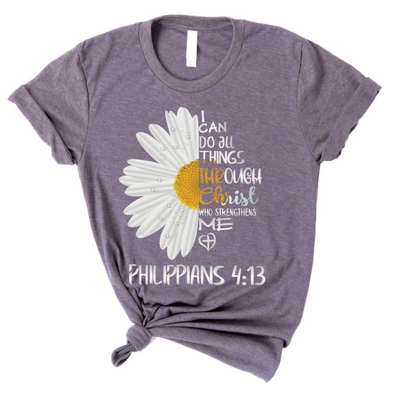 Love in Faith | I Can Do All Things Daisy Short Sleeve | Heather Purple | Christian T-Shirts for Women | Faith Based Apparel |Christian Gifts