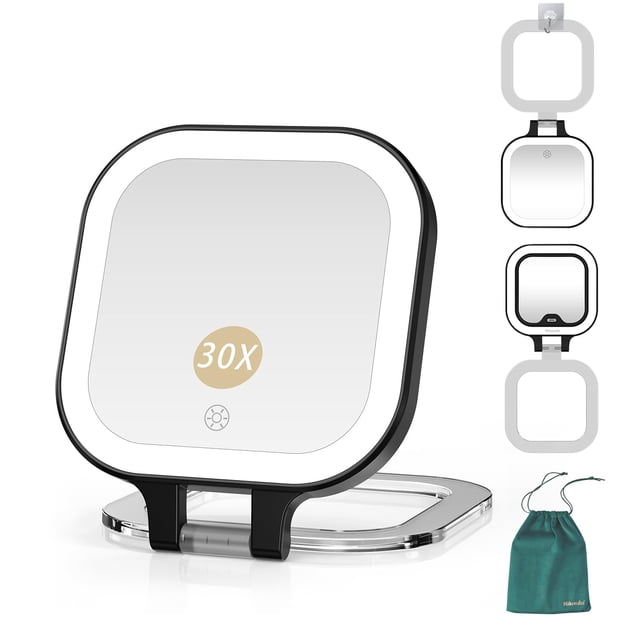 Mocado Espejo compacto de viaje para maquillaje, espejo de aumento 1X/30X con luz, espejo compacto de doble cara con luz de 3 colores, espejo de mano regulable, recargable, para bolsillo de bolso (neg