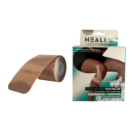 Heali ECO Kinesiology Tape, Menthol and Magnesium, 20 Precut Strips, Cotton, Beige