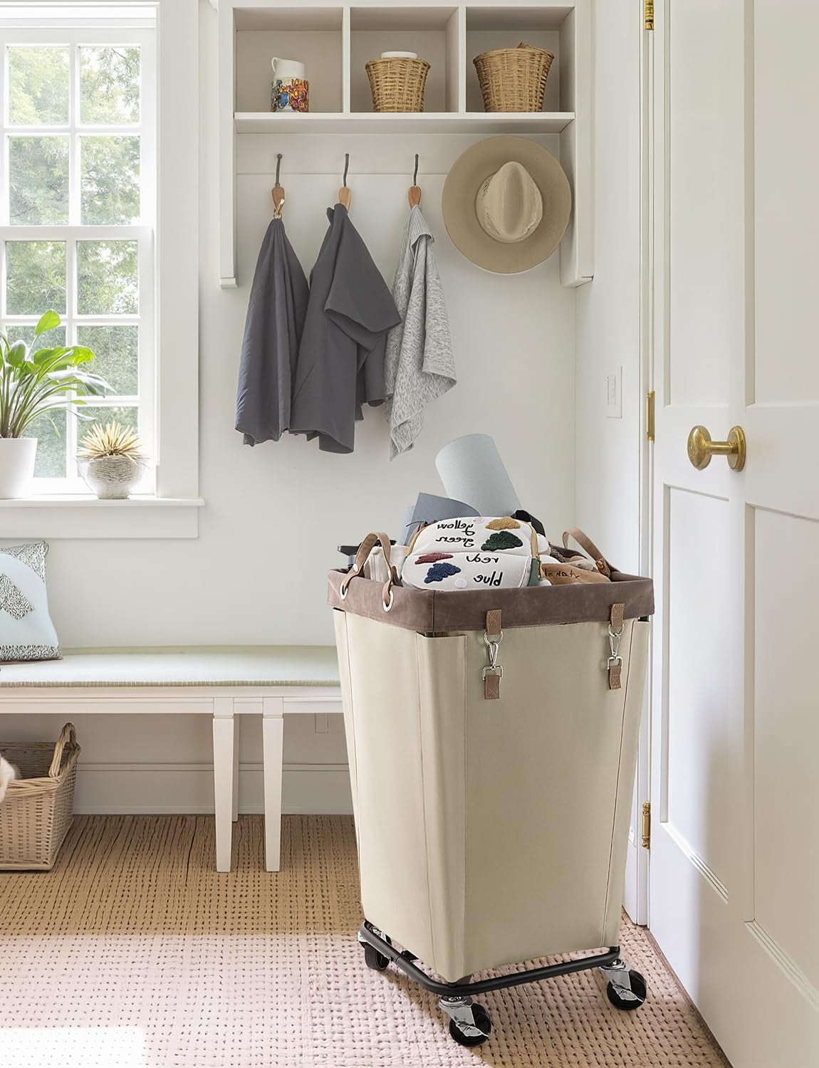 StorageWorks 160L Laundry Basket with Wheels, Large Rolling Hampers for Clothing Organizer, Dirty Clothes Basket for Hotel, Home, Closet, Dorm, Light Khaki