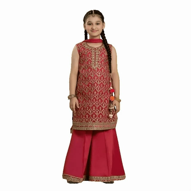 Dweep Sara Eid Ramadan Special Pink Organza Summer Girls Suit Set with Dhaka Sharara, Dupatta 12-13Y