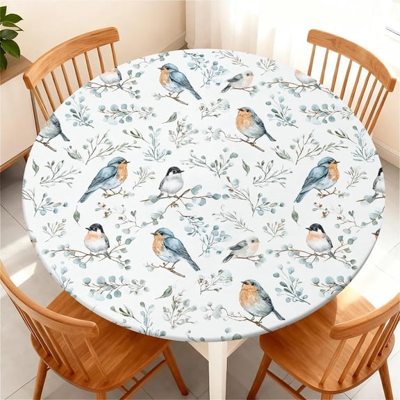 Round Fitted Tablecloth with Elastic Edge, Waterproof Stain Resistant Fabric Table Cover for 36"-65" Round Table, Indoor Outdoor Dining, Kitchen Decor, Camping, Party, Holiday