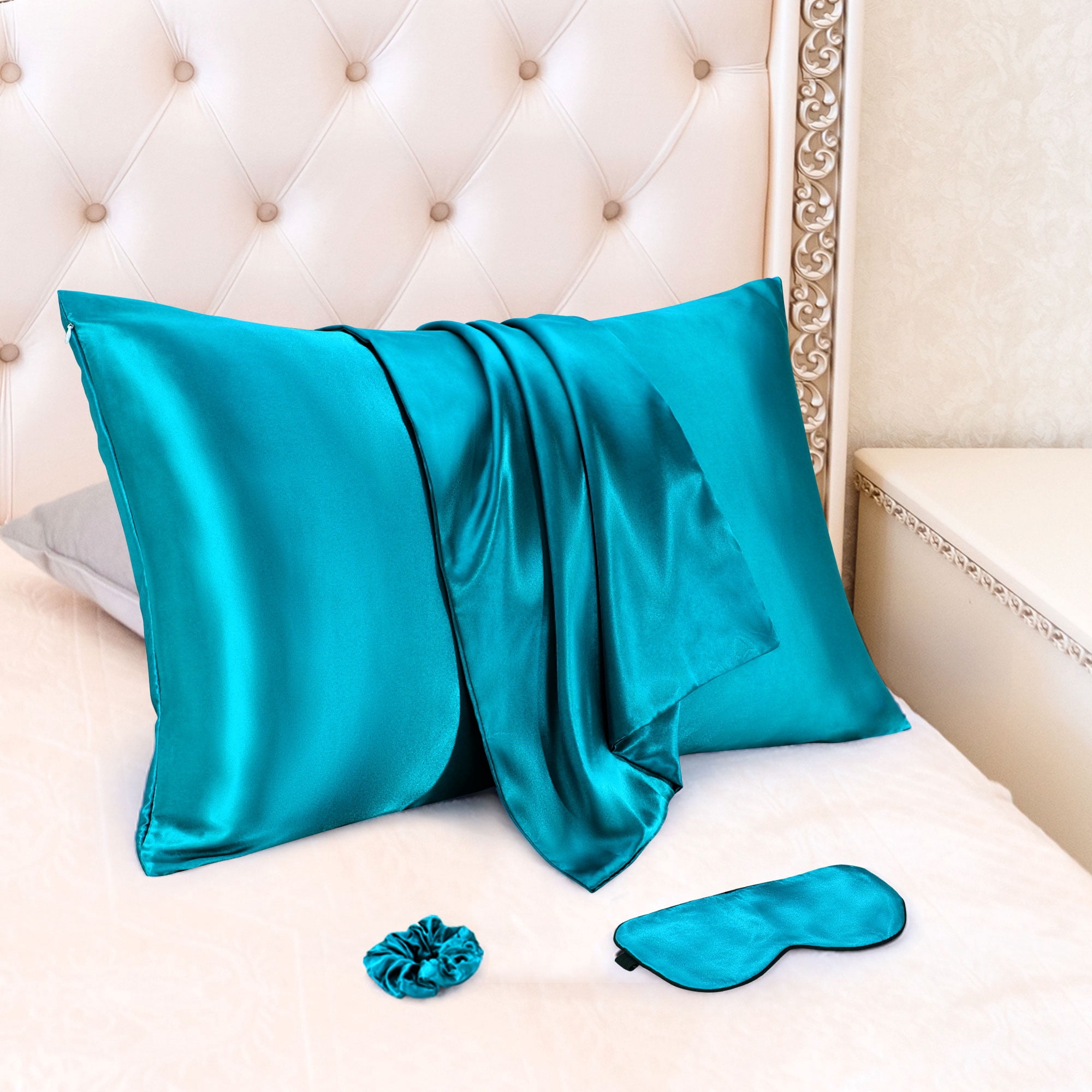 Unique Bargains Durable Soft Zippered Closure Set of 2 Satin Pillowcase Peacock Blue Queen(20"x30")