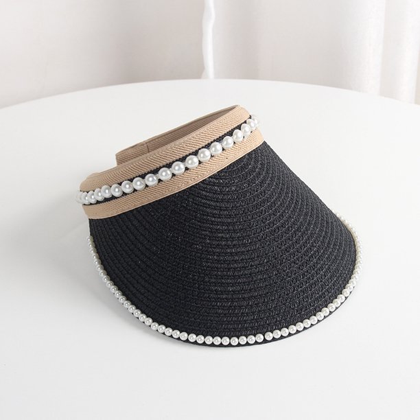 Y2K Sombrero de playa con visera para mujer, gorras de paja plegables, sombreros de copa vacíos de verano con decoración, playa de perlas al aire libre