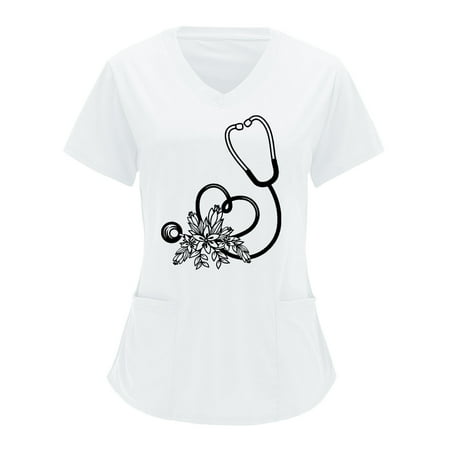 

Xutthjh Women Scrubs Top V-Neck Solid Color Overalls Printing Short Sleeve Top Overalls Top