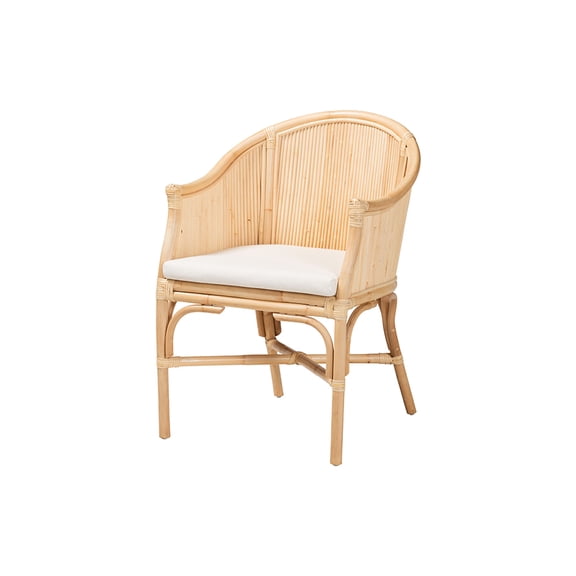 bali & pari Hollis Natural Rattan Barrel Chair with Cushion - Handcrafted Accent Armchair with Laminated Rattan Pole Back, Boho Seating for Living Room or Bedroom