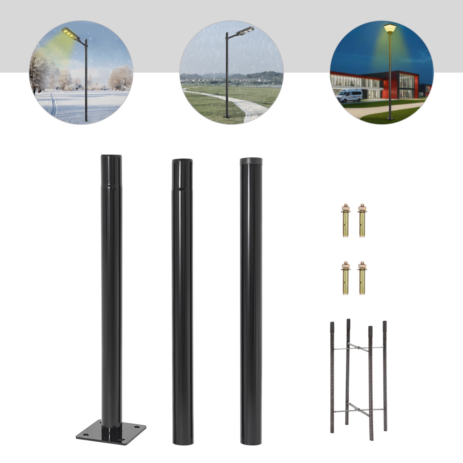 3m/10ft Outdoor Street Light Pole Courtyard Parking Lot Lighting Lamp Post W/ Ground Cage Black