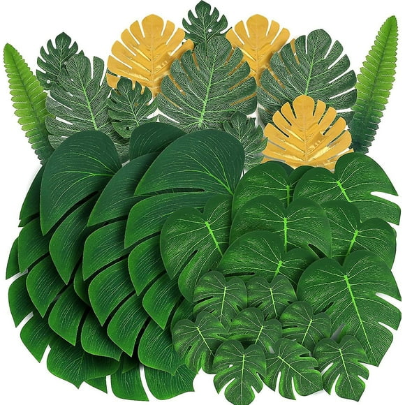 Feuilles de Palmier Artificielles Monstera Tropical-72 Pcs 7 Types Vert Or Fausse Feuille de Palmier avec Tige pour Safari Jungle Hawaïenne Luau Plage Baby Shower Fête