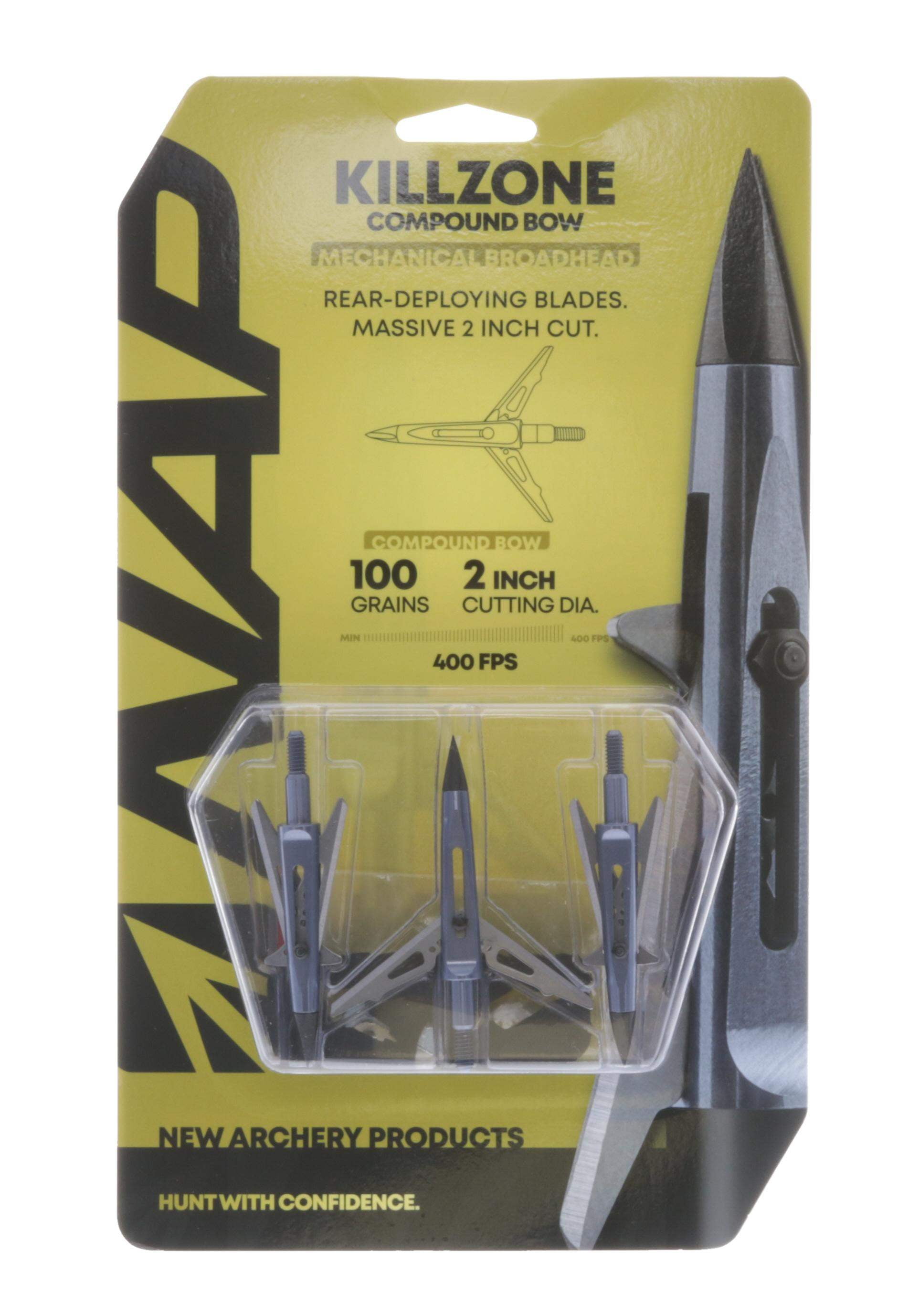 New Archery Products Killzone Mechanical Broadhead 100 Grain Two Blade 2 Inch Cutting Diameter Trophy Tip 3 Pack