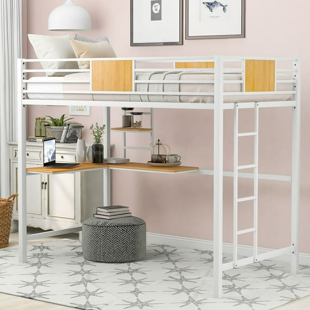 Modern Twin Loft Bed with L-Shape Desk and Shelve, Metal ...