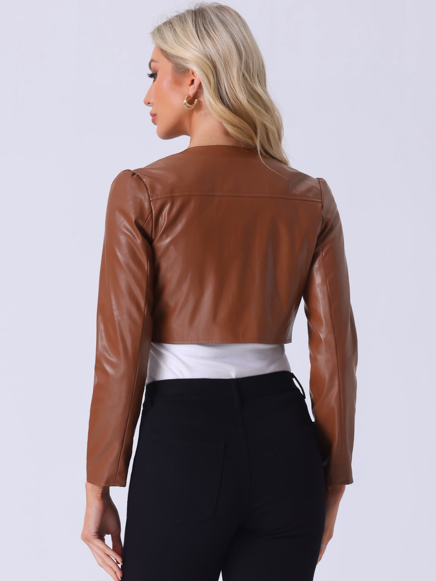 DARING DIVA Women's Open Front Long Sleeve PU Cropped Leather Jacket S Brown