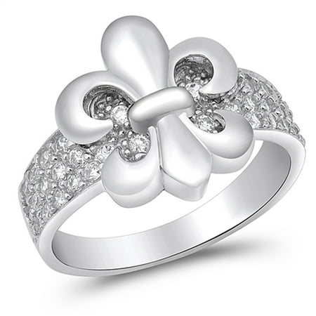 Fleur De Lis Solid Ring - White CZ Fleur De Lis Pave Wide Ring New .925 Sterling Silver Band Size 10