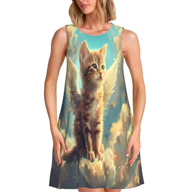 Easygdp Sunshine Cloud Cute Cat para Vestido Transpirable de Mujer, Vestido Suelto de Manga Corta con Pliegues y Bolsillos para el Verano