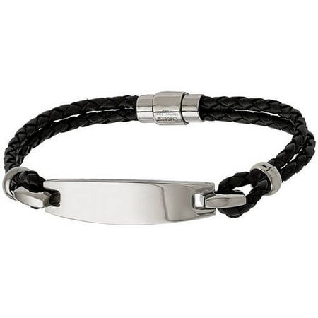 Primal Steel Stainless Steel Polished ID and Black Woven Leather Bracelet