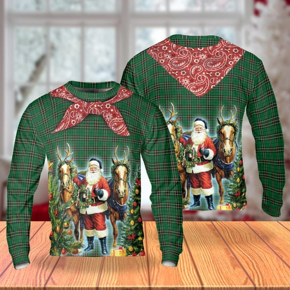 Western Santa Christmas Sweatshirt, Cowboy Plaid Holiday Crewneck with Reindeer, Green Bandana Pattern Pullover for Men Women