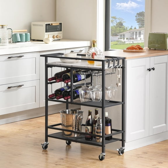 Bar Cart for Home, 3-Tier Serving Cart with Wheels and Handle, Beverage Cart with Wine Rack and Glass Holders, Rolling Wine Cart for Kitchen, Dining Room, Marble and Black RCHM6101