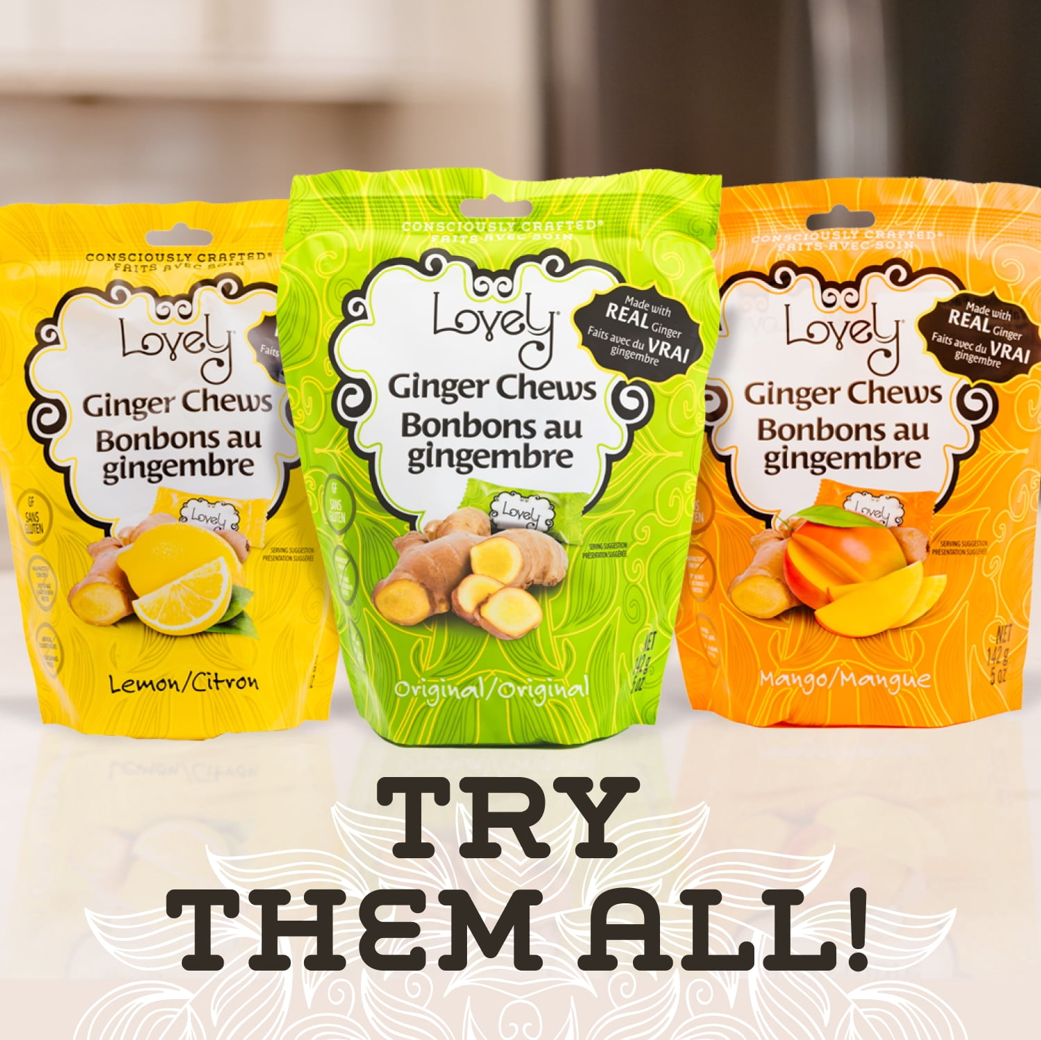 Lovely Candy Co. Lemon Ginger Chews, Made with Real Ginger, Individually Wrapped Ginger Candy, 5 Ounce (Pack of 3) | Gluten-Free, Non-GMO, NO Artificial Ingredients, NO High Fructose Corn Syrup