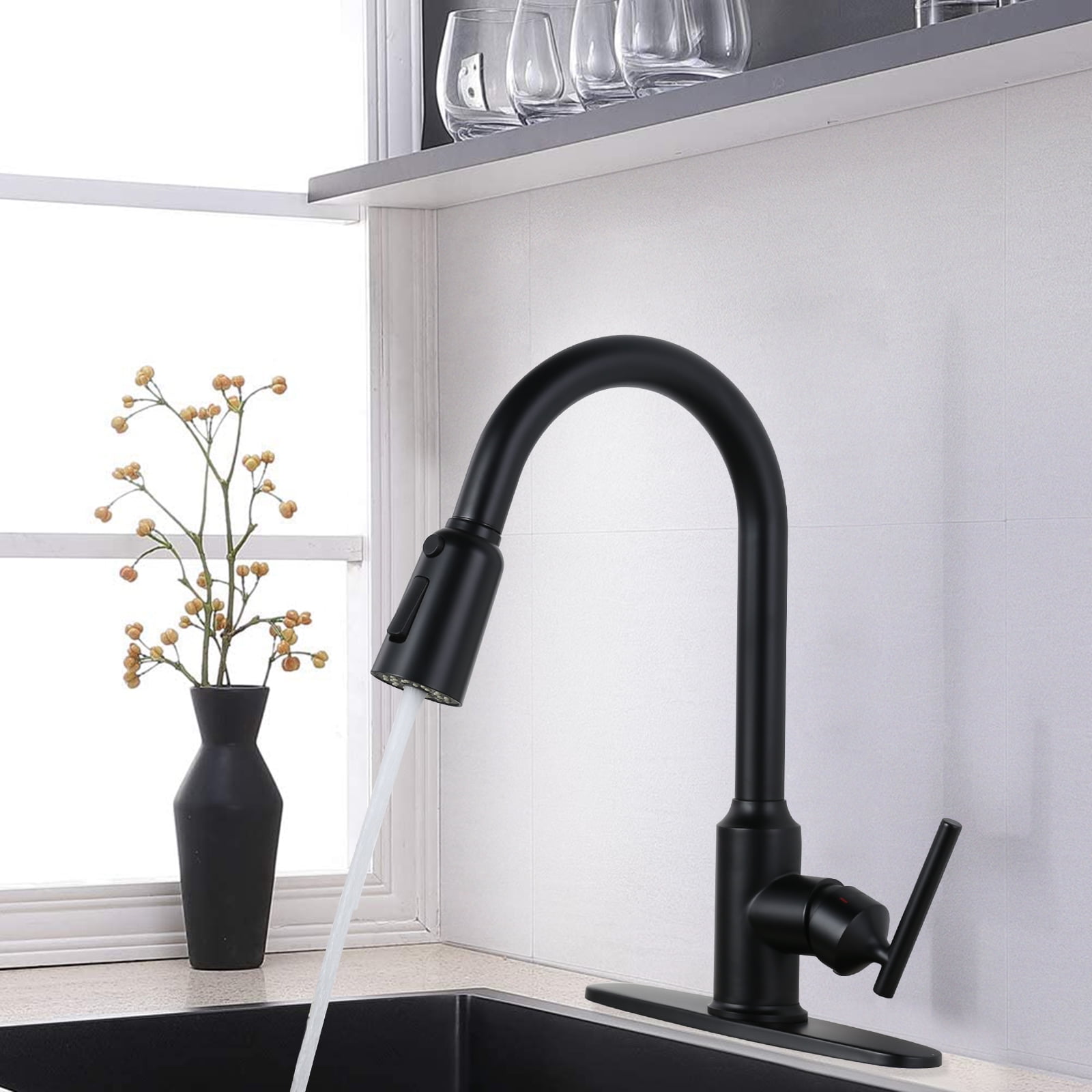 Wowow Single Handle Kitchen Sink Faucet Matte Black Kitchen Faucet with Pull Down Sprayer