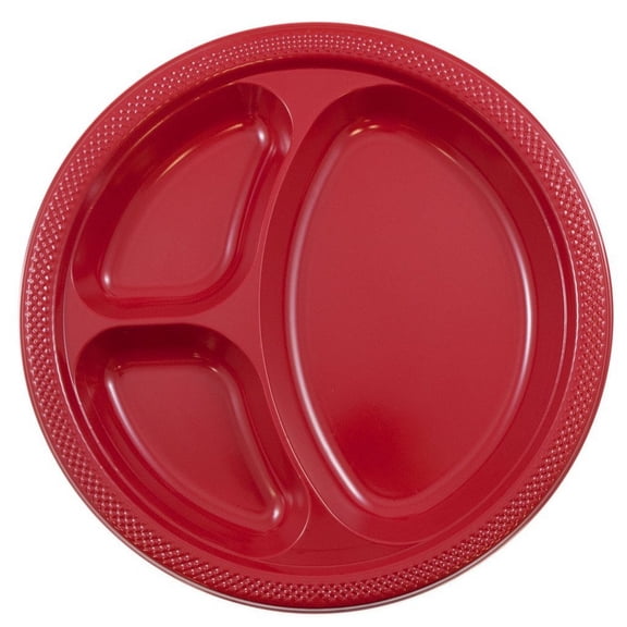 JAM Paper 3 Compartment Divided Plastic Plates, 20 per Pack, Red, Large, 10.25"