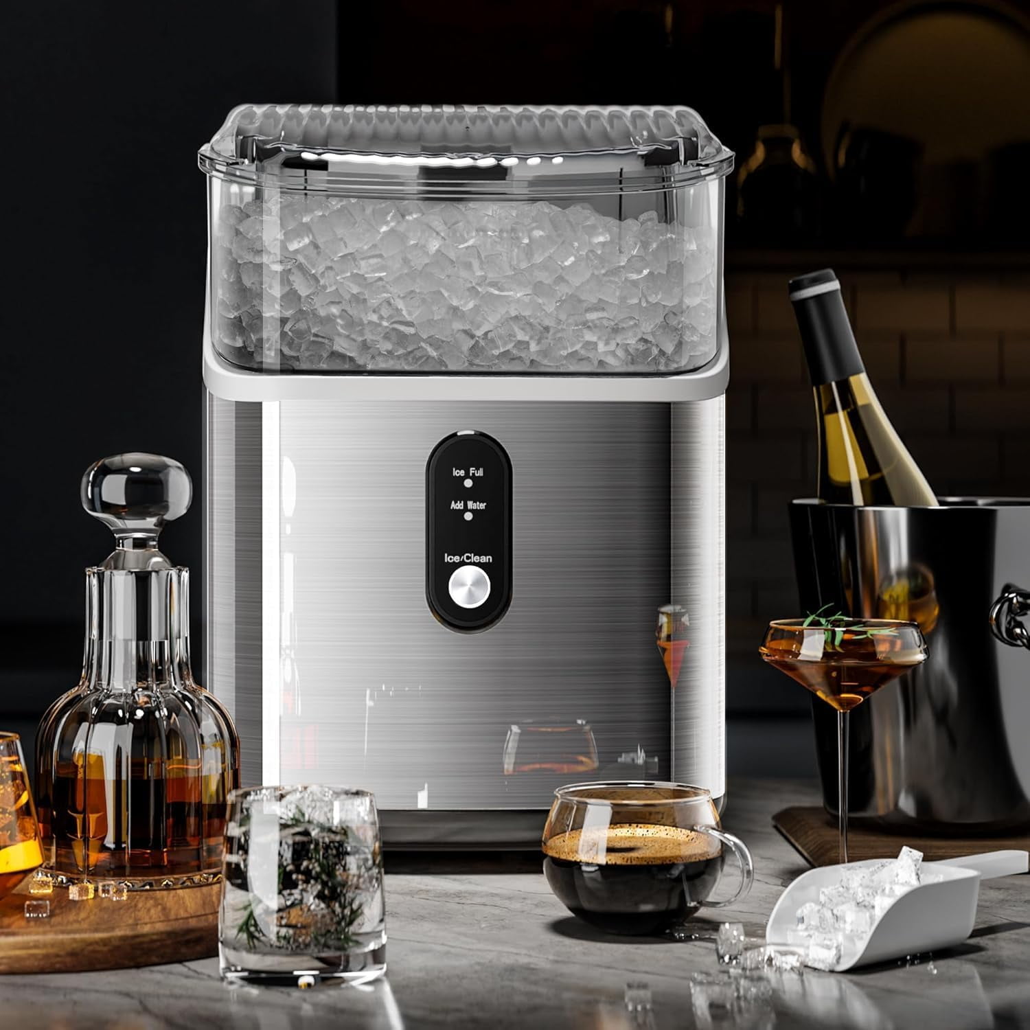 KISSAIR Nugget Ice Maker Countertop, 35lbs/24H with Self-Cleaning Function, Portable Sonic Ice Machine for Home/Office Stainless Steel,Sliver