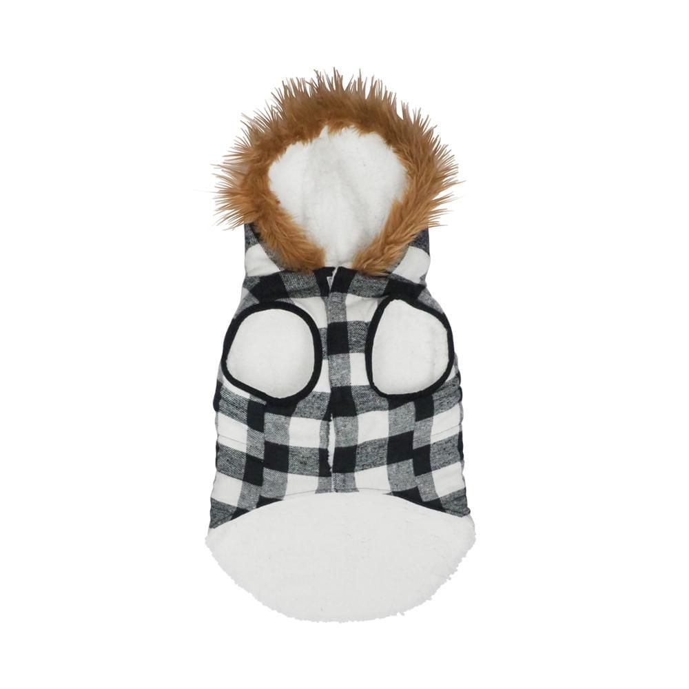 Holiday Time Dog Clothes: Hooded Jacket for Fall & Winter, Black & White Buffalo Plaid, Size XS-XL
