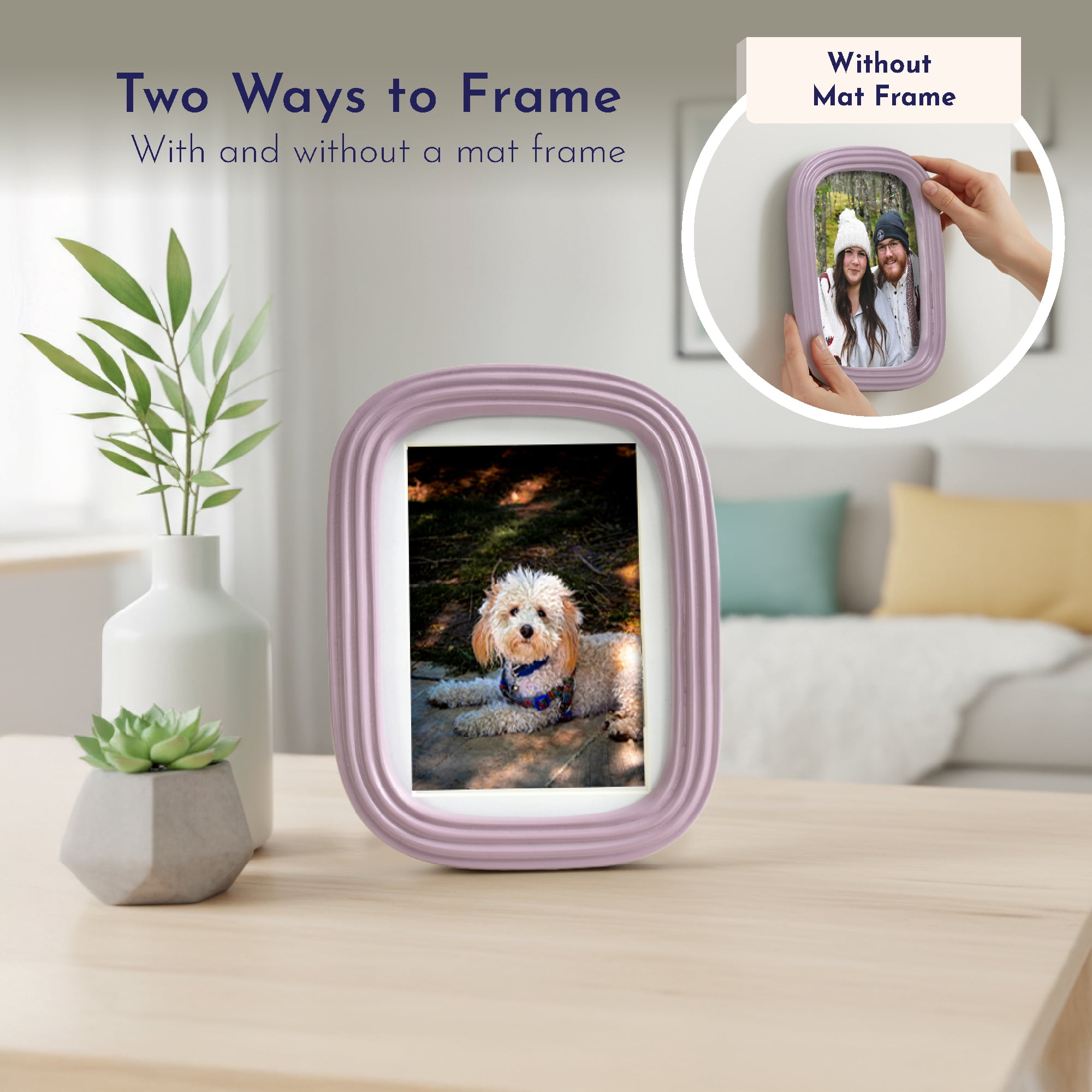 Mainstays Hazy Purple Ribbed Rounded Corner 5x7 Picture Frame Matted to 4x6, Hazy Purple Photo Frame for Wall, Tabletop Display