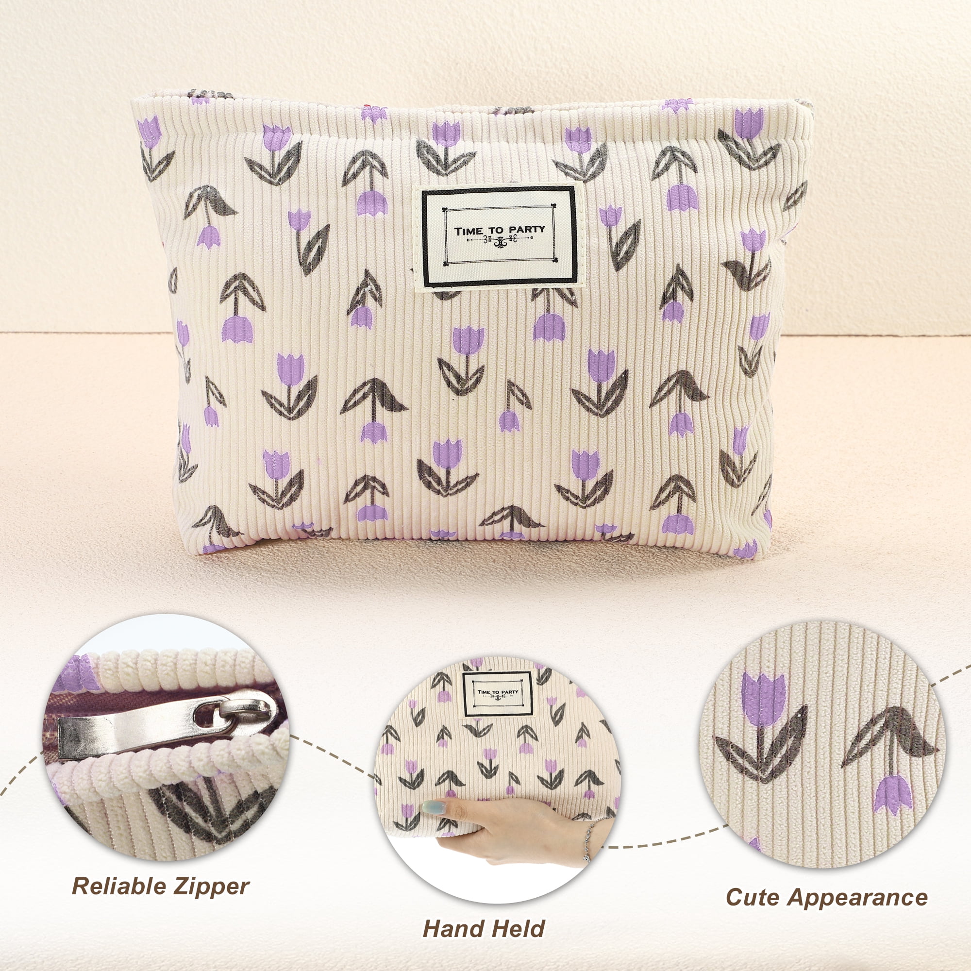 Unique Bargains Floral Makeup BagLarge Capacity Cosmetic Pouch Beige Purple