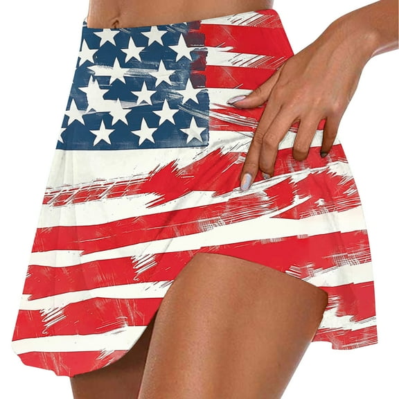 Wiyuqeen Women's 4th of July Skort American Flag Print Athletic Skirt with Built-in Shorts High Waist Golf Running Mini Skort for Summer