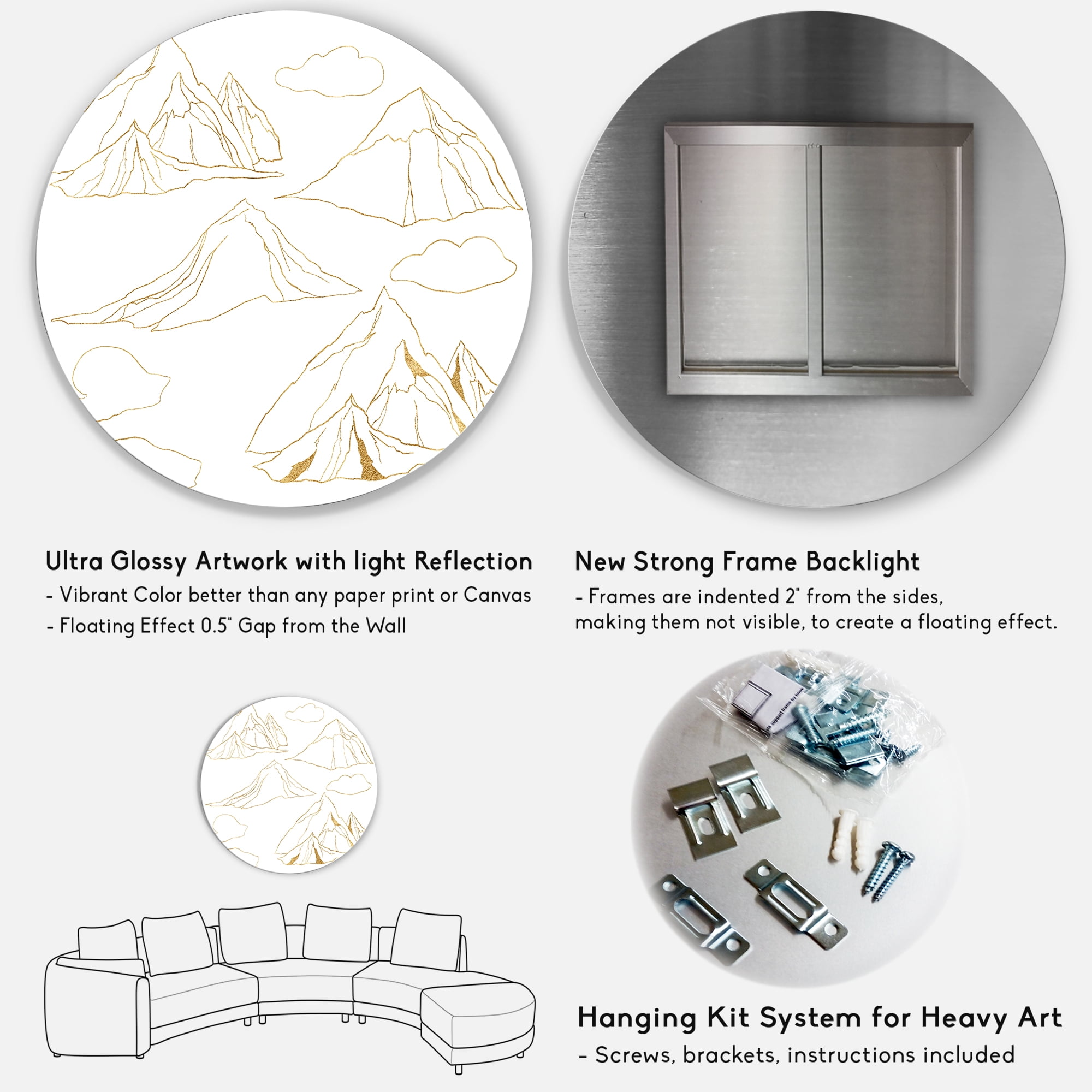 Designart 'Minimalistic Gold Linear Set Of Clouds and Mountains' Modern Circle Metal Wall Art 23x23 - Disc of 23
