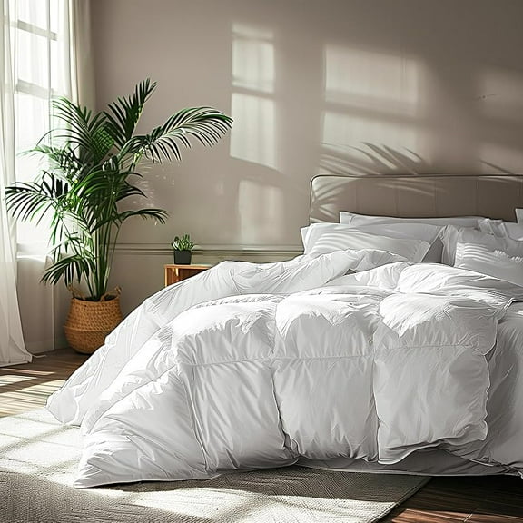 Goose Feather Down Fiber Cotton Comforter King Size - 100% Cotton Duvet Insert - Hotel Luxury Hypoallergenic Bedding Comforter All Season Medium Warmth 106 x 90 Inch White