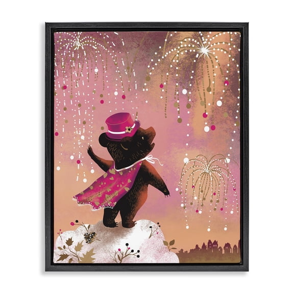 Stupell Industries Cottage Whimsical Bear with Fireworks Black Floating Frame Canvas Art, 17 x 21, by Verbrugge Watercolor