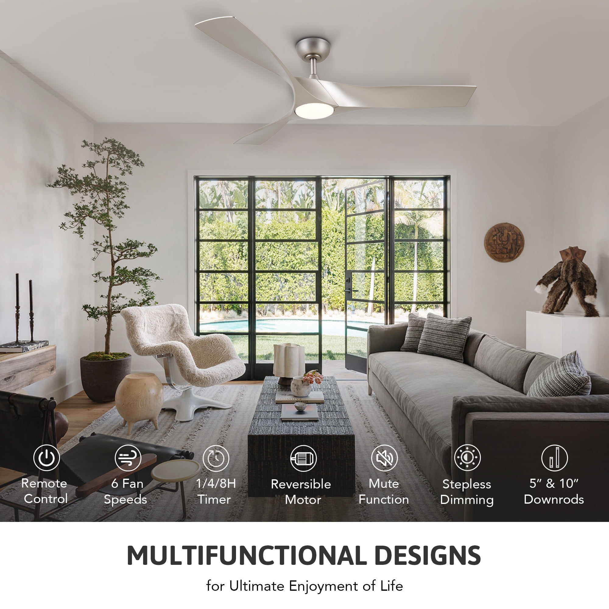 Bestco 52 inch Propeller Ceiling Fan with Light Remote Control 6 Fan Speeds Nickel Sansujyuku sansujyuku.com