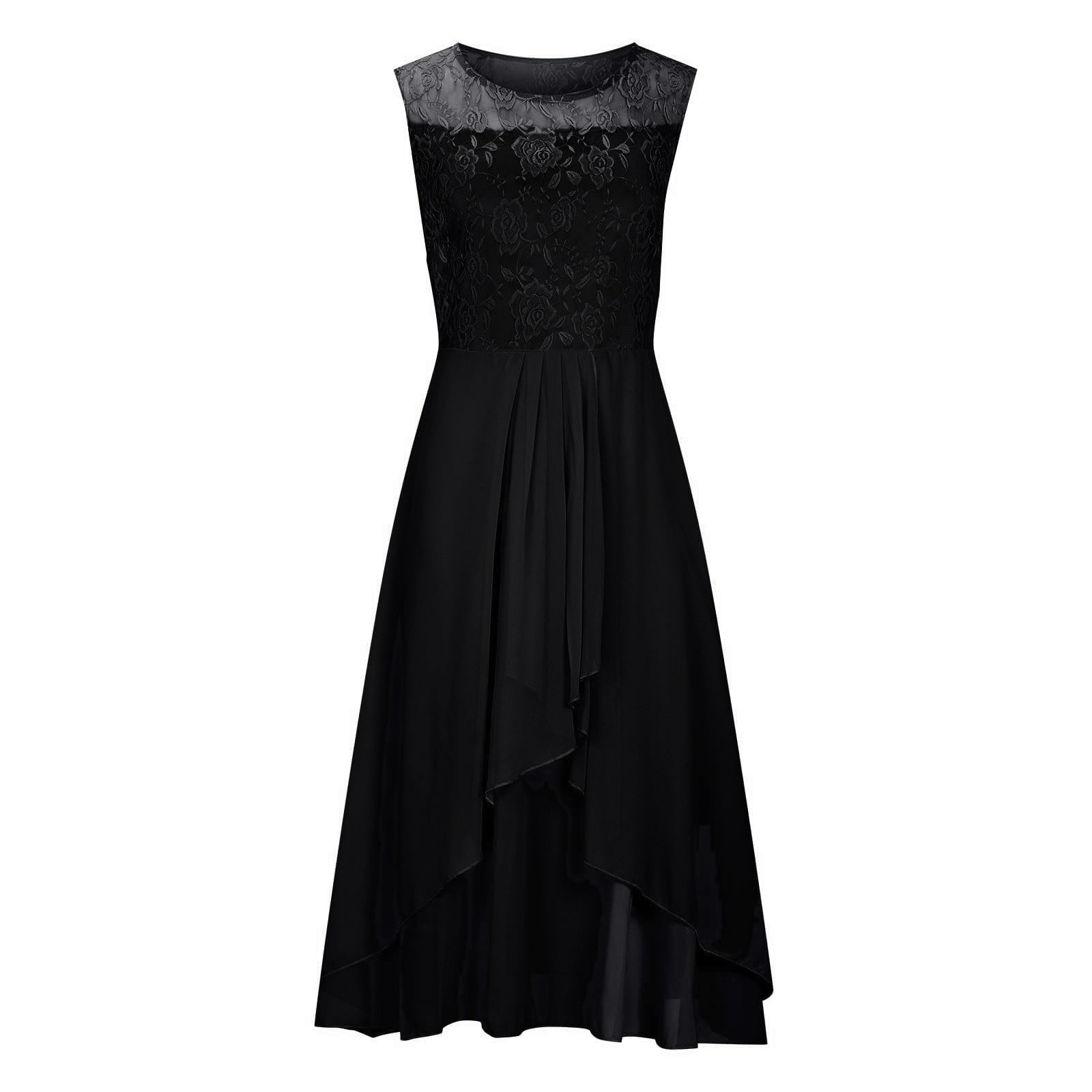 XIAOCHA Womens Lace Dress Flared Chiffon Sleeveless Round Neck Evening Gown Flowy Elegant Party Dresses