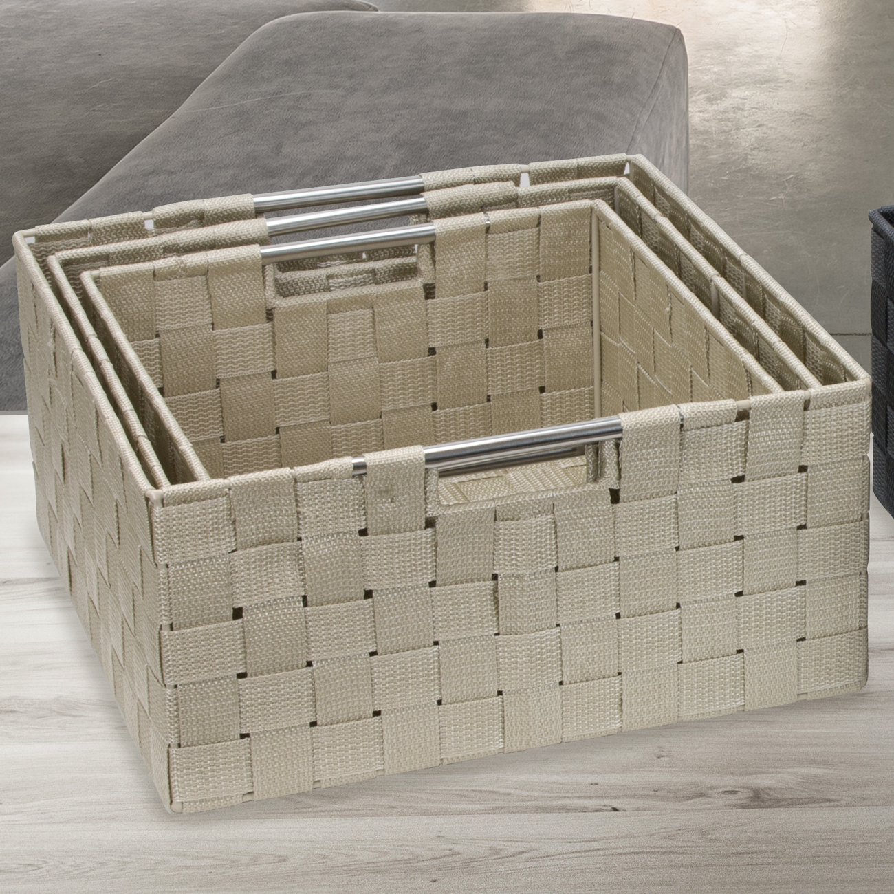 Sorbus Storage Box Woven Basket Bin Container Tote Cube Organizer Set Stackable Storage Basket Woven Strap Shelf Organizer Built-In Carry Handles (Woven Basket Set - 3 Piece, Beige)