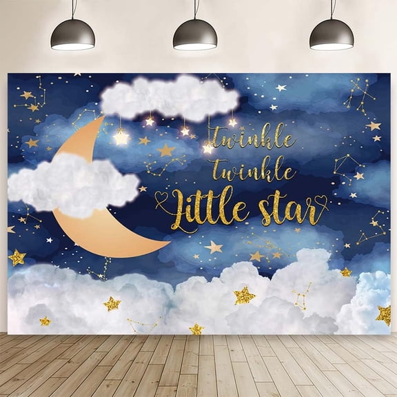 Twinkle Twinkle Little Star Backdrop Night Sky Moon Stars Baby Shower Photography Background Navy Blue White Clouds Gold Glitter Birthday Party Decorations Banner Supplies Photo Booth Props