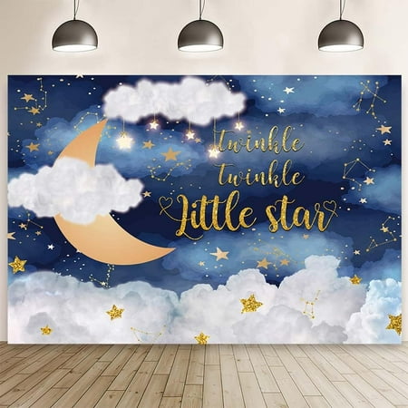 Twinkle Twinkle Little Star Backdrop Night Sky Moon Stars Baby Shower Photography Background Navy Blue White Clouds Gold Glitter Birthday Party Decorations Banner Supplies Photo Booth Props